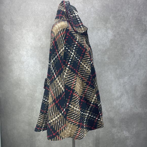 Cejon Poncho Womens S/M Wool Blend Tweed Tartan Plaid High Collar Tan Navy Red - Picture 3 of 6